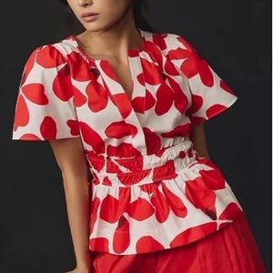 Anthropologie Red and White Peplum Flutter Sleeve Blouse